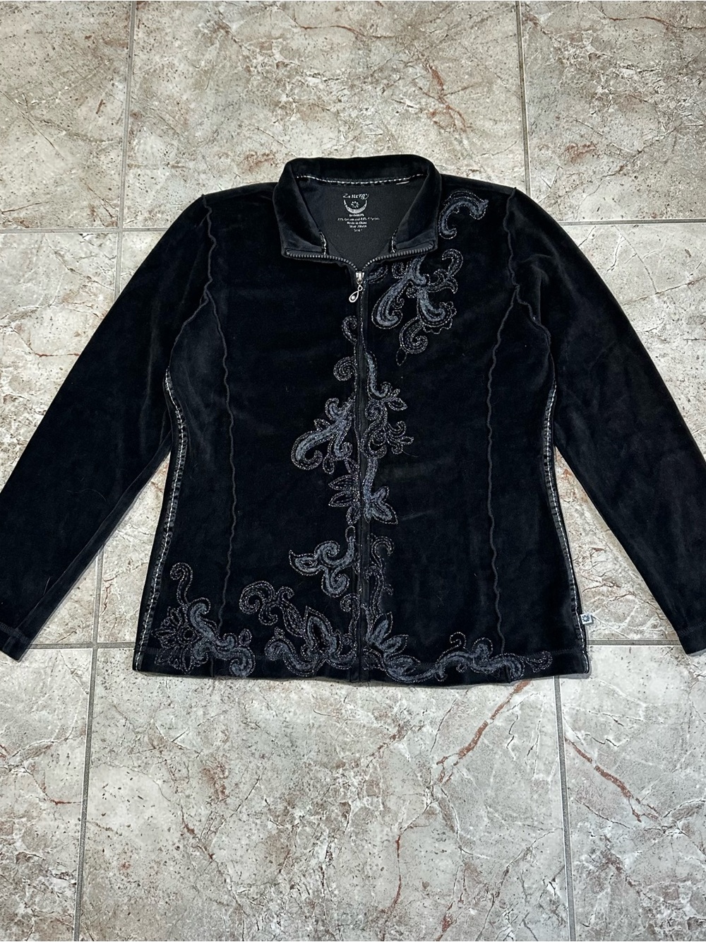 Zenergy Chico’s Black Velour Embroidered Jacket Size 1
